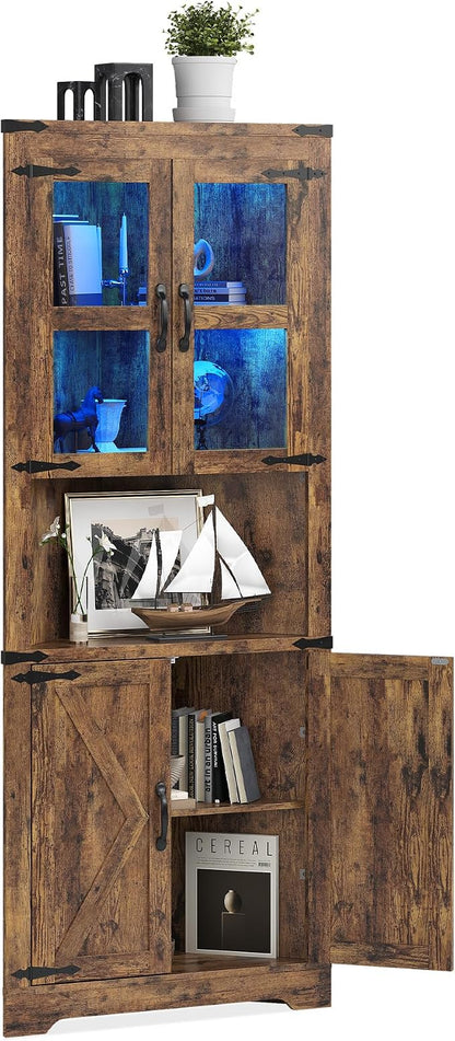 GarveeHome 67 in Tall Corner Storage Cabinet with Lights, Farmhouse Corner Hutch Display Cabinet with Glass Doors, Wooden Storage Organizer for Kitchen, Living Room, Bathroom, Brown