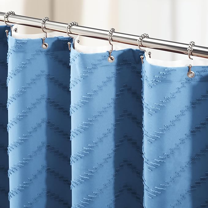 Dynamene Extra Long Shower Curtain and Liner Set - 84 inch Tall Shower Curtain and Waterproof Clear Liner, Tufted Chevron Striped Tassel Shower Curtains for Bathroom, 12 Hooks, 72x84, Moonlight Blue