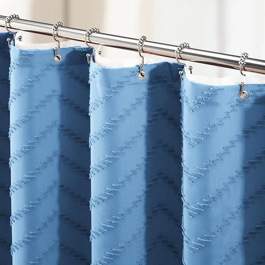 Dynamene Extra Long Shower Curtain and Liner Set - 96 inch Tall Shower Curtain and Waterproof Clear Liner, Tufted Chevron Striped Tassel Shower Curtains for Bathroom, 12 Hooks, 72x96, Moonlight Blue