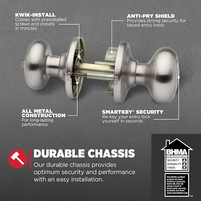 Kwikset Juno Entry Door Knob with Lock and Key, Secure Keyed Handle Exterior, Front Entrance and Bedroom, Satin Nickel, Pick Resistant SmartKey Rekey Security and Microban, 2