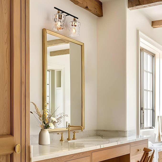 KSANA Bathroom Vanity Lights, 2-Light Black and Electroplated Brass Vanity Light Over Mirror Mid-Century Modern Bathroom Light Fixtures with Textured Glass, 14" L x 6.7" W x 7.3" H