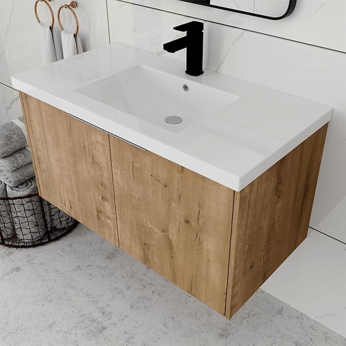 36 Inch Bathroom Vanity with Sink, Modern Wall Mount Floating Bathroom Vanity Set, Brown Vanity, Ceramic Sink and Soft Close Door