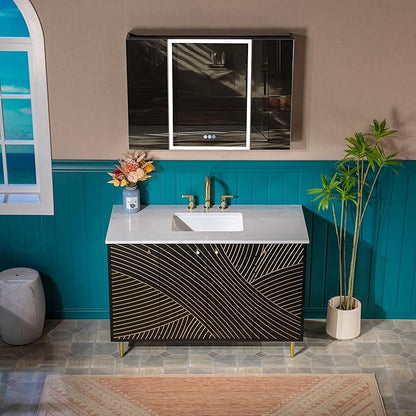 Woodbridge 48"x22" Bathroom Vanity with Single Ceramic Undermount Sink, White Engineered Stone Top, Hand-Painted Black & Gold Accents, Sleek Thin-Leg Frame, Space-Saving for Modern Living