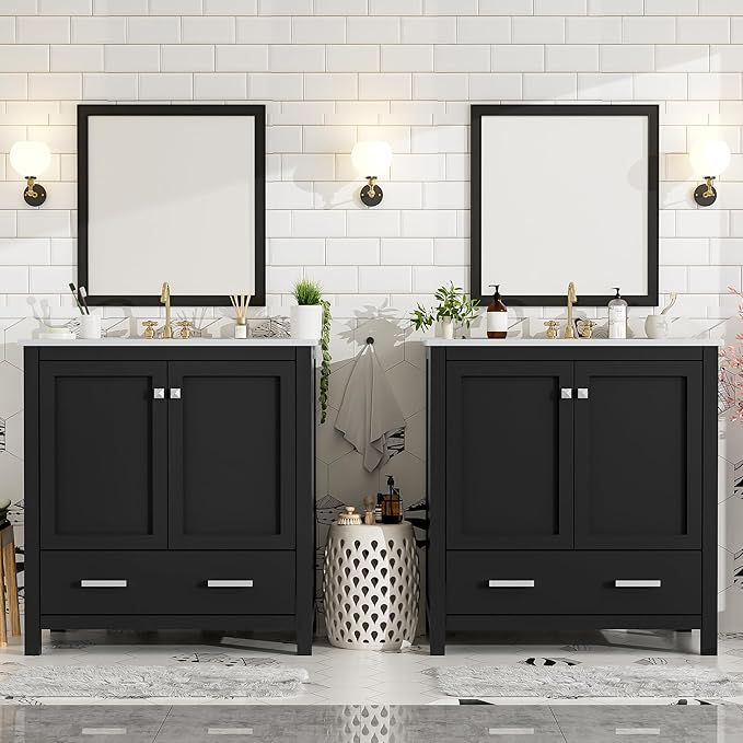 LUMISOL 60" Bathroom Vanity with Double Sink, Solid Wood Bathroom Cabinet with 2 Drawers, Storage Racks & 2 Cabinets, Separate Two 30 Inch Bathroom Vanities with Double Ceramic Sinks, Black