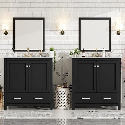 LUMISOL 60" Bathroom Vanity with Double Sink, Solid Wood Bathroom Cabinet with 2 Drawers, Storage Racks & 2 Cabinets, Separate Two 30 Inch Bathroom Vanities with Double Ceramic Sinks, Black