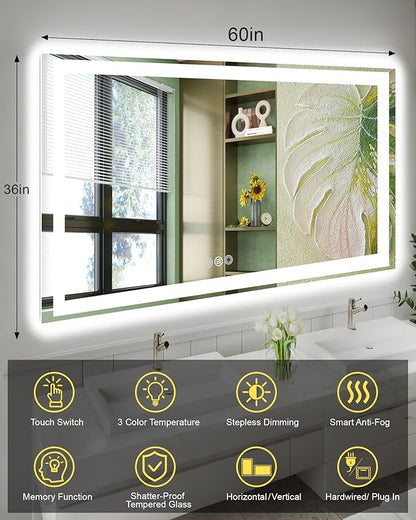 60x36 LED Bathroom Mirror, 6000LM, Separate Front and Back Lights | UL Certified,Shatter-Resistant Tempered Glass,Auto-Off Defogger,3 Color Modes,Smooth Dimming,Smart Memory Setting