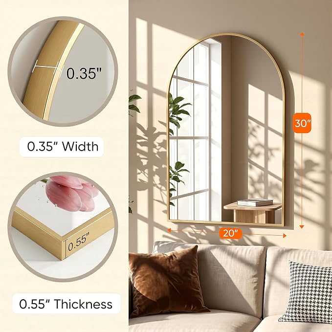 Antok Arched Bathroom Mirror, 20"x30" Wall Mounted Mirror, Vanity Mirrors for Over Sink, Aluminum Alloy Frame Bathroom Mirrors Living Room, Bedroom and Entryway, Gold