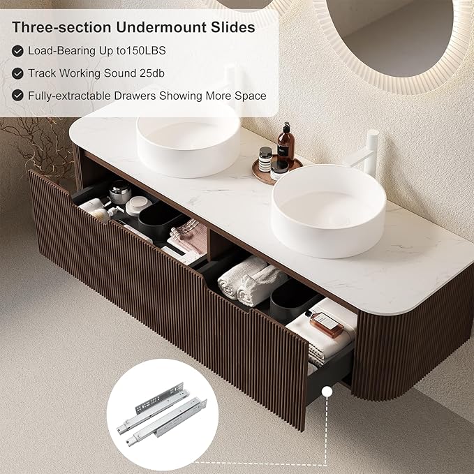 60" Floating Bathroom Vanity with Sink, Wall-Mount Cabinet with 2 White Round Ceramic Basins and Marble Top, 2 Large Storage Drawer, Soft-Close Design, Dark Walnut