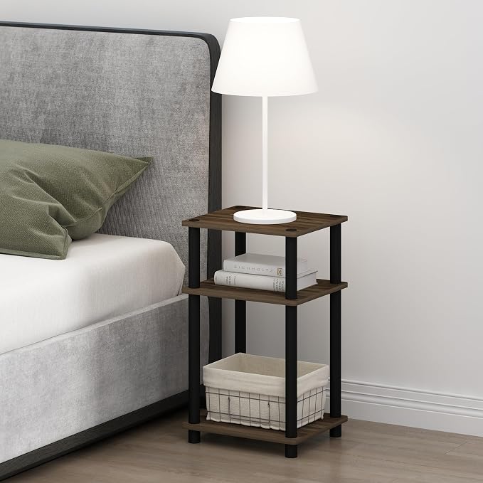 Furinno JUST Toolless 3-Tier Night Stand, Open Storage, Columbia Walnut | Compact, Narrow Bedside Table, End Table, Side Table, for Bedroom, Dorm
