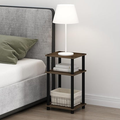 Furinno JUST Toolless 3-Tier Night Stand, Open Storage, Columbia Walnut | Compact, Narrow Bedside Table, End Table, Side Table, for Bedroom, Dorm
