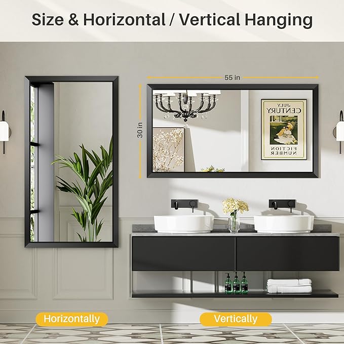 55.1x30.1 Inch Black Bathroom Mirror for Wall, Thick Metal Framed Rectangle Mirrors for Over Sink, Bedroom, Living Room, Entryway, Anti-Rust, HD Tempered Glass