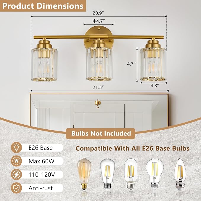 Modern 20.9" Crystal Vanity Light, 3 Light Bathroom Vanity Light, Gold Vanity Light with Clear Crystal Shades, E26 Base Wall Sconces Over Mirror for Bathroom, Bedroom, Hallway