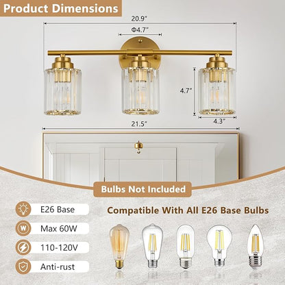 Modern 20.9" Crystal Vanity Light, 3 Light Bathroom Vanity Light, Gold Vanity Light with Clear Crystal Shades, E26 Base Wall Sconces Over Mirror for Bathroom, Bedroom, Hallway