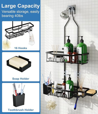 Upgraded Extended Length Shower Organizer with 16 Hooks, Rustproof Shampoo Soap Storage, Large Hanging Bathroom Caddy with Soap and Toothbrush Holder