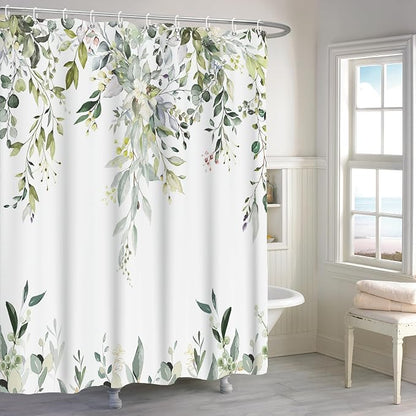 Sage Green Eucalyptus Shower Curtain, Watercolor Leaves Plant Spring Floral Waterproof Fabric Machine Washable with Hooks for Bathroom Bathtub 60Wx72H