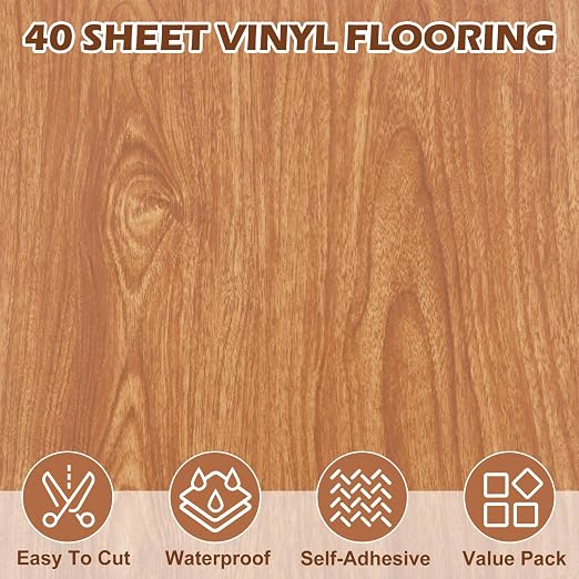 40 Sheet Vinyl Flooring 12x12 Inch Peel and Stick Floor Tile Waterproof Wood Grain Vinyl Floor Tiles Clearance Self Adhesive Floor Tiles Sticky Laminate Flooring Stick on Bathroom Kitchen RV