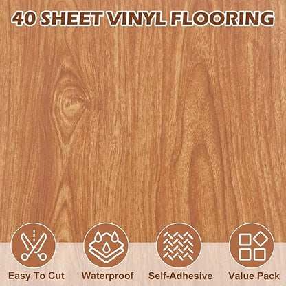 40 Sheet Vinyl Flooring 12x12 Inch Peel and Stick Floor Tile Waterproof Wood Grain Vinyl Floor Tiles Clearance Self Adhesive Floor Tiles Sticky Laminate Flooring Stick on Bathroom Kitchen RV