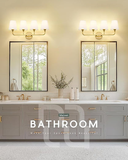 Bathroom Light Fixtures, 4 Light Brushed Gold Vanity Lights with Flared White Fabric Shade, 28 Inch Wall Sconce, Modern Sconces Wall Lighting for Hallway Bedroom, VL837-BG-4