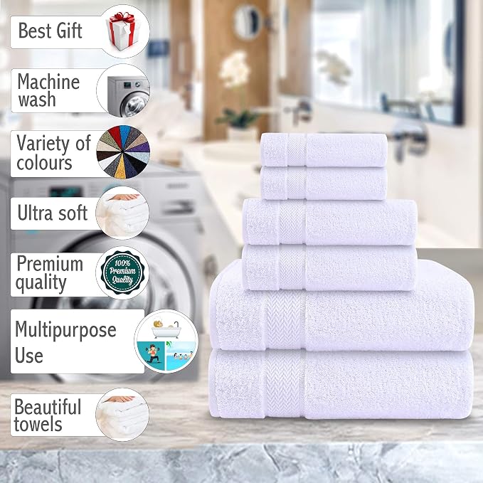 6 Piece 100% Cotton Bath Towel Set - 2 Bath - 2 Hand - 2 Face, White | 100% Cotton • Thick & Plush • Hotel Quality • Ultra Soft • Highly Absorbent • Quick Dry • Low Lint • Machine Washable