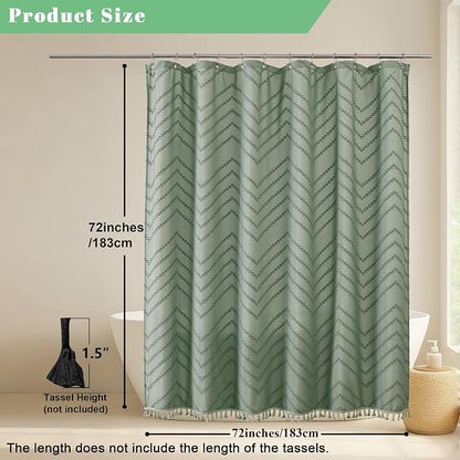 Boho Shower Curtain, Sage Green Fabric Cloth Shower Curtains Farmhouse Tufted Chevron Striped Textured with Tassel for Bathroom, Soft Hotel Style Modern Minimalist, Machine Washable, 72x72