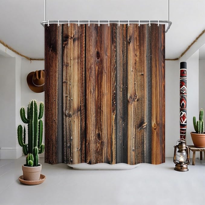 Rustic Brown Stall Shower Curtain, Rustic Barn Door Shower Curtain, Vintage Countryside Wood Board Fabric Bathroom Curtains, Farmhouse Waterproof Cloth Bathroom Sets with Hooks, 47"x64"