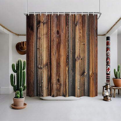 Rustic Brown Stall Shower Curtain, Rustic Barn Door Shower Curtain, Vintage Countryside Wood Board Fabric Bathroom Curtains, Farmhouse Waterproof Cloth Bathroom Sets with Hooks, 47"x64"
