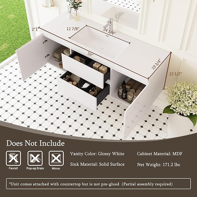 Modern 60" Floating Bathroom Vanity with Sink | Advanced Wall-Mounted Cabinet, Resin Top Basin, Soft Close Drawers | Easy to Install Glossy White