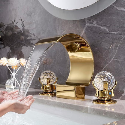 Bathroom Sink Faucet 3 Hole Widespread Waterfall Bathroom Faucets with Crystals Handles Basin Mixer Tap 8-Inch High Arc Vanity Faucet with Supply Hose, Gold Finished