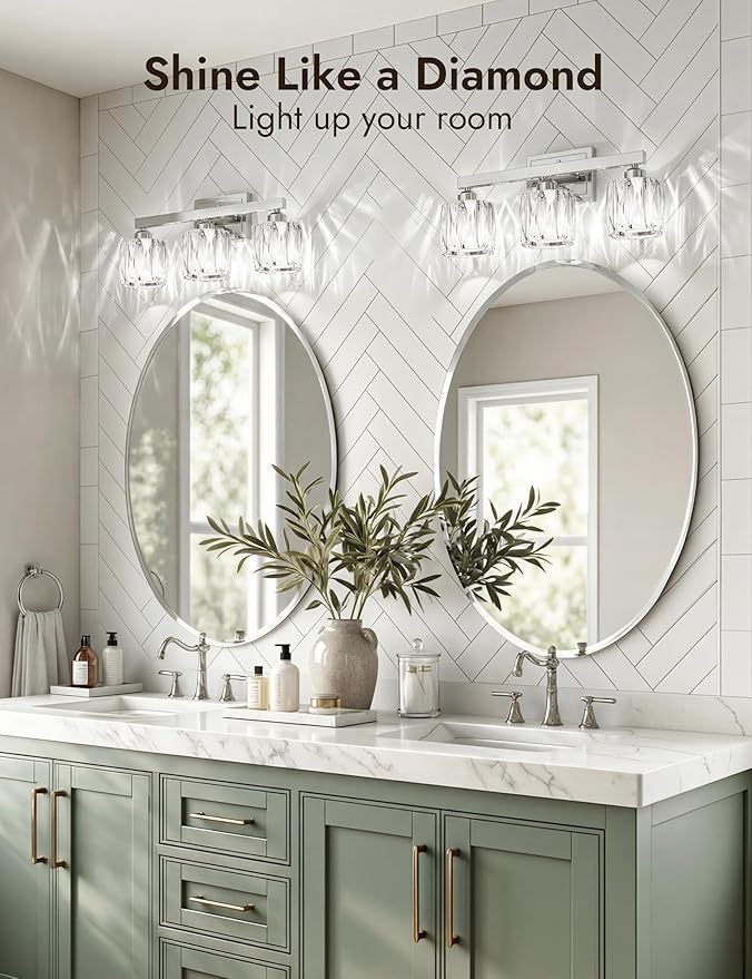 VOLISUN Crystal Vanity Lights for Bathroom, 3 Light Bathroom Vanity Light, Modern Stainless Steel Bathrooms Lights Over Mirror, Chrome Bathrooms Lights Fixtures-UL Certificated(Exclude Bulb)