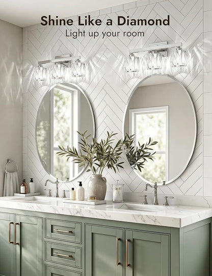 VOLISUN Crystal Vanity Lights for Bathroom, 3 Light Bathroom Vanity Light, Modern Stainless Steel Bathrooms Lights Over Mirror, Chrome Bathrooms Lights Fixtures-UL Certificated(Exclude Bulb)