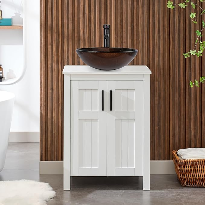 UEV White 24" Bathroom Vanity with Sink Combo,Modern Vanity with Vessel Sink,Stylish Bathroom Vanity Cabinet,Grooved Doors & Metal Handles,Modern Bronze Round Bowl Tempered Glass Vessel Sink(A09)