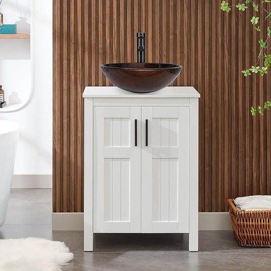 UEV White 24" Bathroom Vanity with Sink Combo,Modern Vanity with Vessel Sink,Stylish Bathroom Vanity Cabinet,Grooved Doors & Metal Handles,Modern Bronze Round Bowl Tempered Glass Vessel Sink(A09)