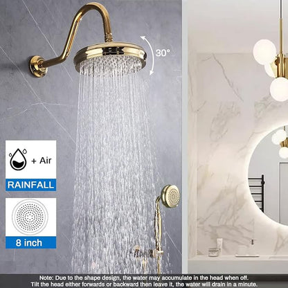 Enga Bright Gold Brass Shower Tub Faucet System Antique 8inch Rainfall Shower with Spout and Hand Spray