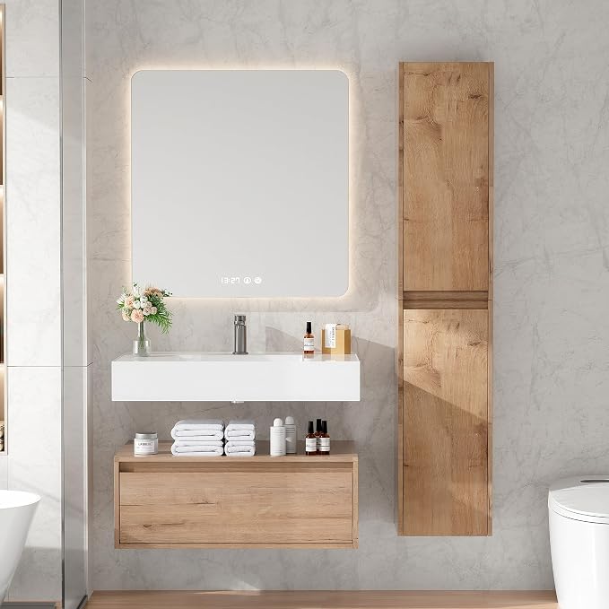 30 Inch Floating Bathroom Vanity with Sink, Modern Wall-Mounted Bathroom Cabinet with Resin Sink & Soft Close Drawer & Side Cabinet, Split-Level Layout (Nature Oak, 30"+2 Side cabinets)