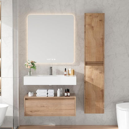 30 Inch Floating Bathroom Vanity with Sink, Modern Wall-Mounted Bathroom Cabinet with Resin Sink & Soft Close Drawer & Side Cabinet, Split-Level Layout (Nature Oak, 30"+2 Side cabinets)