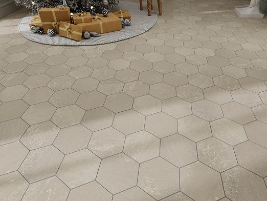 W&S 24-Sheets Beige Hexagon Peel and Stick Floor Tile, Faux Stone Peel and Stick Backsplash for Kitchen, Self Adhesive Luxury Flooring Tile DIY for Bathroom, Living Room, RV