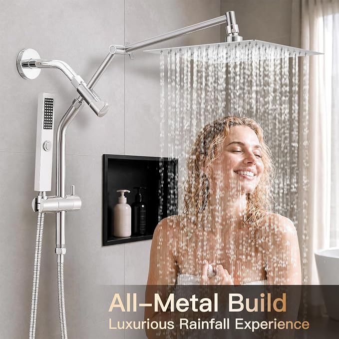All Metal 12" Shower Head with Handheld, Built-in Power Jet Mode | Luxurious, Square, Rain Shower Heads with Spray Combo Set, High Pressure, Dual, Rainfall, with Extension Arm, Brushed Nickel