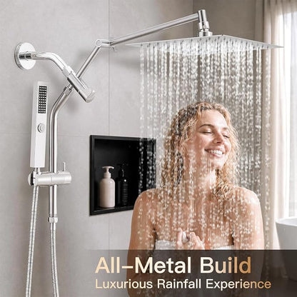 All Metal 12" Shower Head with Handheld, Built-in Power Jet Mode | Luxurious, Square, Rain Shower Heads with Spray Combo Set, High Pressure, Dual, Rainfall, with Extension Arm, Brushed Nickel