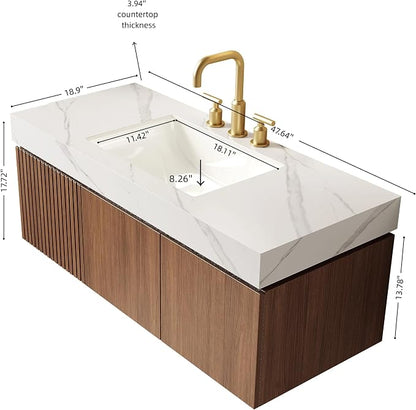 KEIKI 48 Inch Floating Bathroom Vanity with Sink, Brown Oak & White | Modern Wall Mounted Storage Cabinet w/ Drawer & Door, Pre-assembled Wood Panels, Sintered Stone Top & Ceramic Basin Combo Set