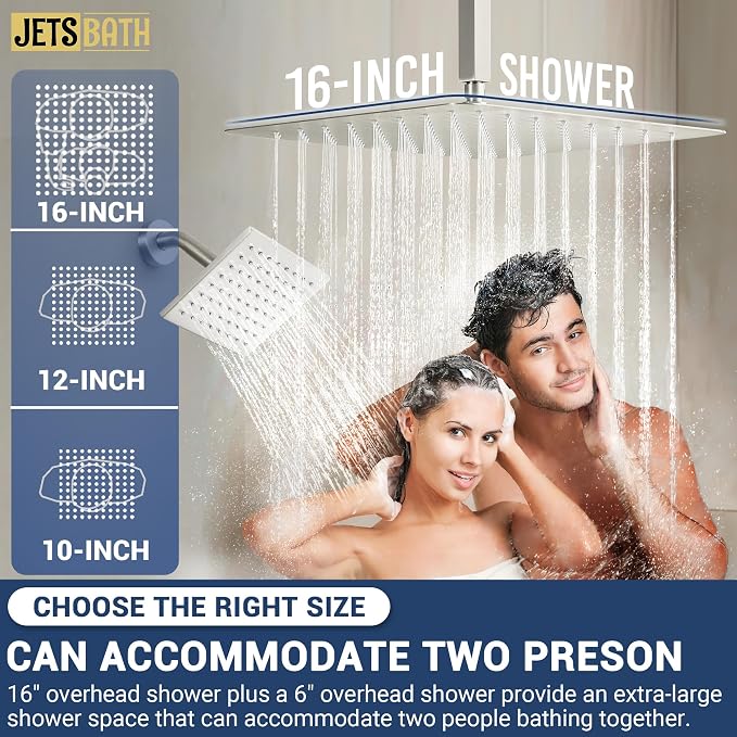 16" Thermostatic Dual Rainfall Head Brushed Nickel Shower System | Ceiling Mounted Full Body Shower Faucet Set with Thermostatic Valve for Couples/ 2-Person，16“+6”Shower Head & handheld