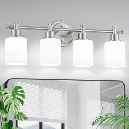 4 Light Bathroom Vanity Light, 23 In Brushed Nickel Vanity Light Fixture | Modern Anti-Rust Wall Sconce over Mirror with White Frosted Glass Shade, Bathroom, Hallway, 23 In, E26(Bulbs Not Included)