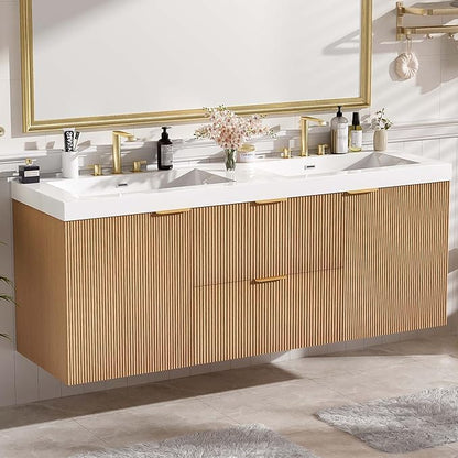 60" Bathroom Vanity with Sink Combo, Floating Double Sink Bathroom Vanity with SMC Resin Top, MDF Cabinet with Solid Wood Frame, Wall-Mounted Bath Room Vanities for Large Bathrooms, Wood