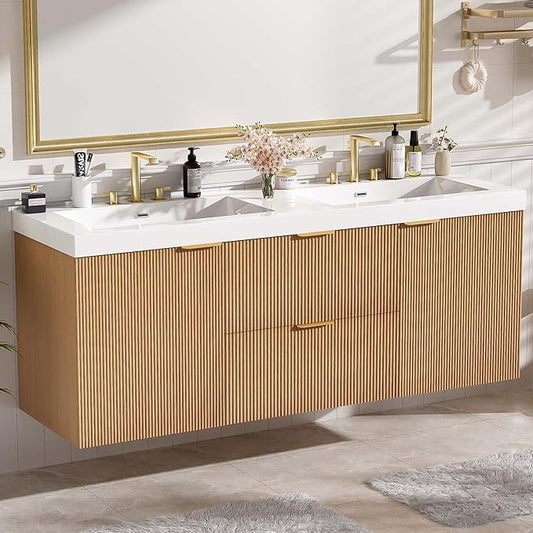 60" Bathroom Vanity with Sink Combo, Floating Double Sink Bathroom Vanity with SMC Resin Top, MDF Cabinet with Solid Wood Frame, Wall-Mounted Bath Room Vanities for Large Bathrooms, Wood
