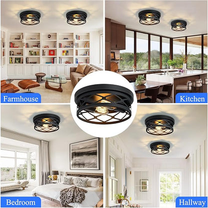 Flush Mount Ceiling Light Fixture for Hallway,2-Light Black Hallway Light Fixtures Ceiling,Light Fixtures Ceiling Mount for Kitchen,Farmhouse,Hall (2 Pack)