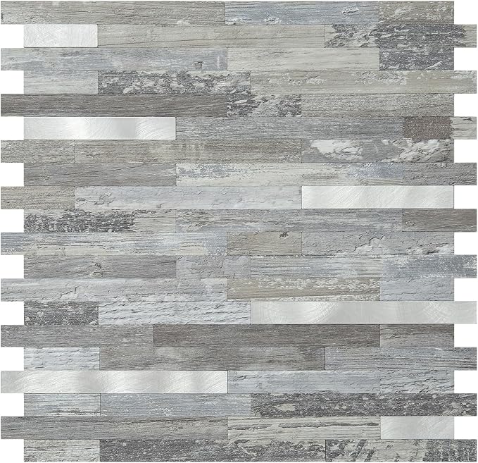 DICOFUN Peel and Stick Backsplash Wall Tiles, 1 Sheet Distressed Wood PVC Kitchen Backsplash Peel and Stick