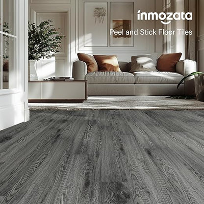 INMOZATA 36 Pack Peel and Stick Floor Tile Waterproof Vinyl Plank Flooring | 54 Sq.Ft, Heat-resistant, Wood Grain Self Adhesive Flooring for DIY Bedroom Living Room Bathroom Kitchen (Natural Gray)