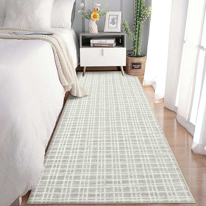 Washable Runner Rug 2x6 Entryway Rug Modern Non Slip Kitchen Rugs Bathroom Rugs Plaid Farmhouse Soft Faux Wool Stain Resistant Carpet for Entrance Laundry Hallway Bedroom 2'x6' Light Grey