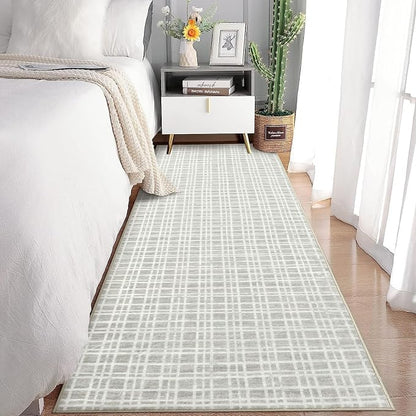 Washable Runner Rug 2x6 Entryway Rug Modern Non Slip Kitchen Rugs Bathroom Rugs Plaid Farmhouse Soft Faux Wool Stain Resistant Carpet for Entrance Laundry Hallway Bedroom 2'x6' Light Grey