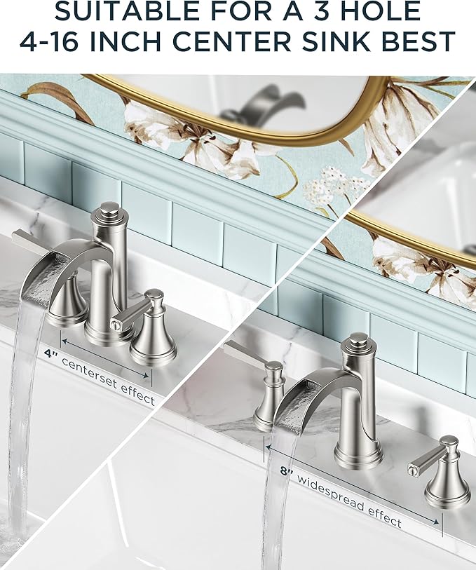 FORIOUS Brushed Nickel Bathroom Faucet Widespread 3 Hole for 6"-12" Sinks, 2 Handle 8" Waterfall Silver Bathroom Sink Faucet 3 Holes Vanity with Metal Drain Stopper and 22" Water Hoses