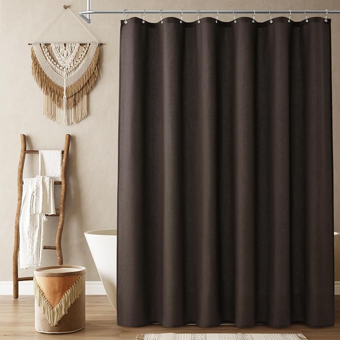 Chocolate Brown Linen Shower Curtain, Country Boho Farmhouse Bath Decor Shower Curtains Neutral Cloth Weighted Textured Fabric Bath Curtain Liner with Hooks, 72x84